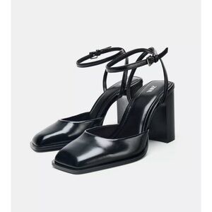 Zara black square toe slingback heels NWT